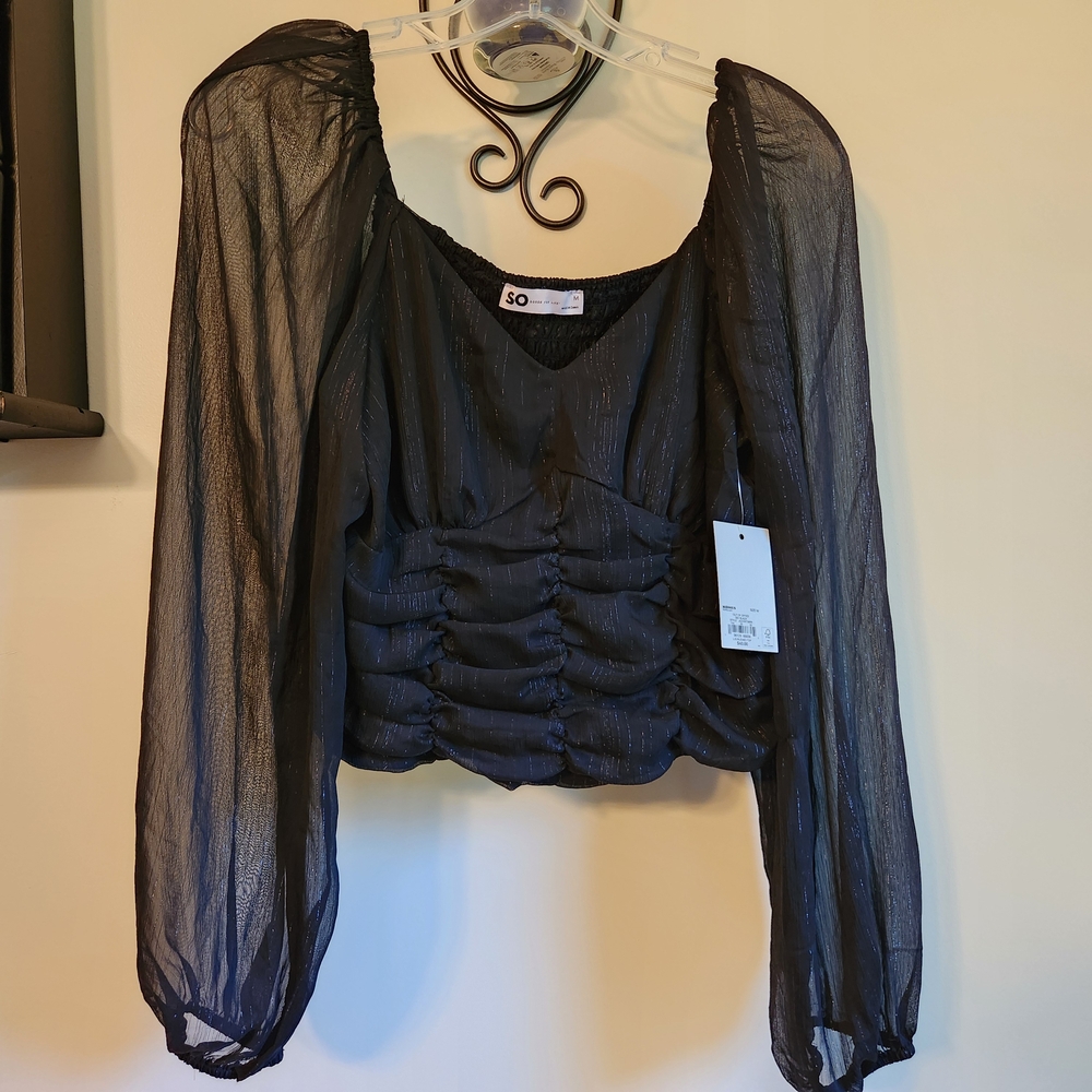 SO Black Ruched Crop Blouse with Balloon Sleeves Juniors Medium NEW WITH TAGS
